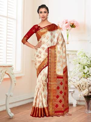Beige Woven Art Silk Saree With Blouse 2