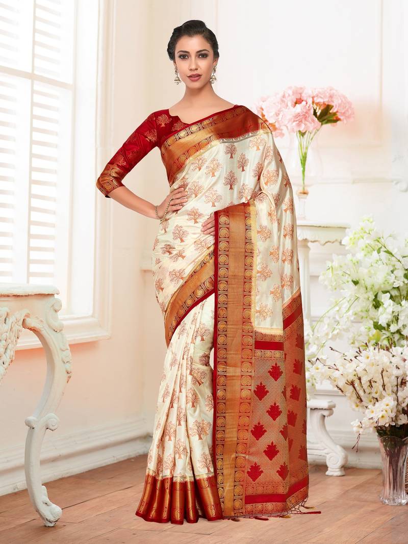 Beige Woven Art Silk Saree With Blouse