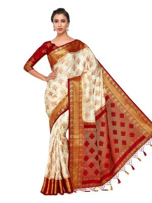 Beige Woven Art Silk Saree With Blouse 3