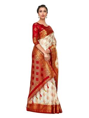 Beige Woven Art Silk Saree With Blouse 4