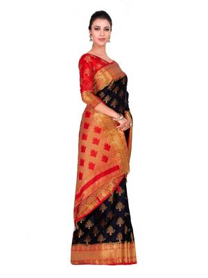 Black woven art silk saree with blouse 4