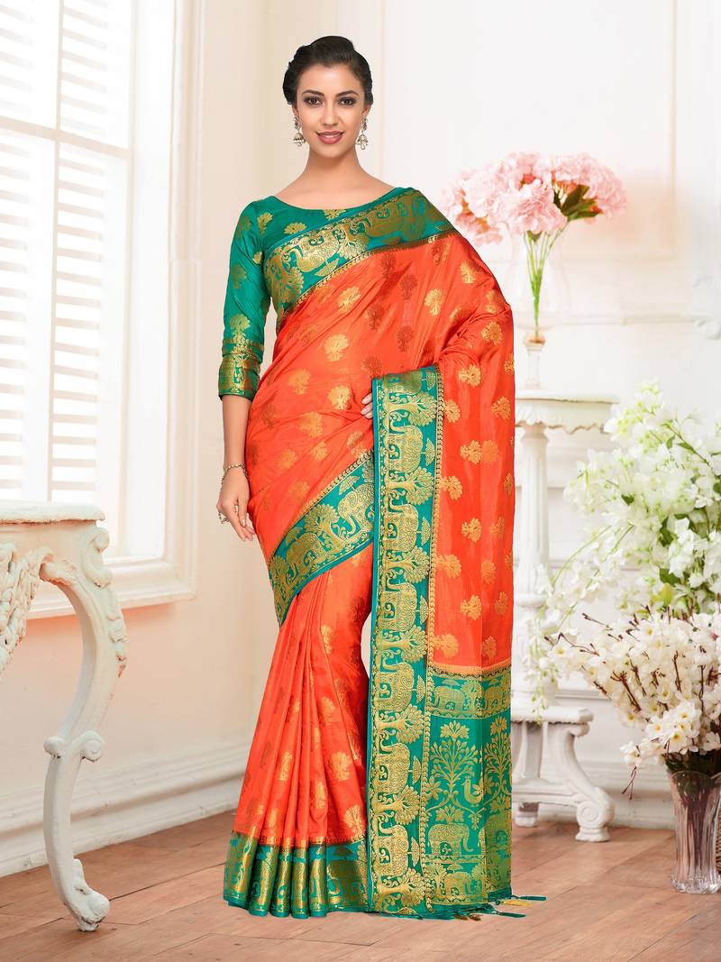 Orange Woven Art Silk Saree With Blouse