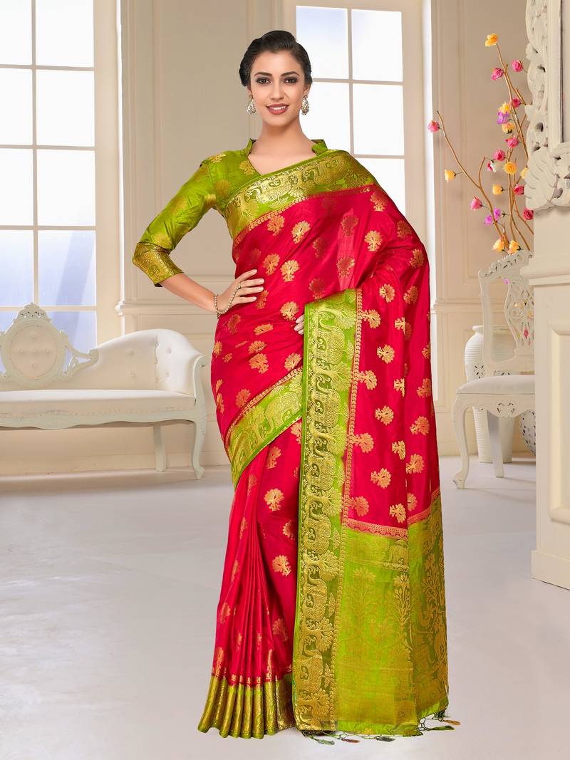 Red woven art silk saree with blouse
