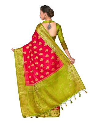 Red woven art silk saree with blouse 5