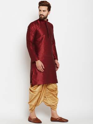 Maroon Plain Raw Silk Men Kurtas 3