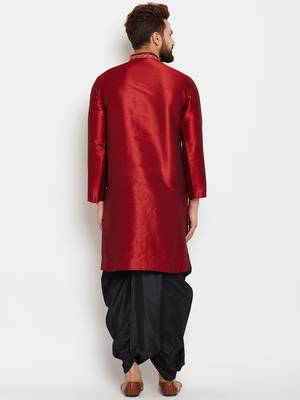 Maroon Plain Raw Silk Men Kurtas 4