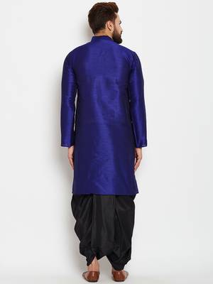 Blue Plain Raw Silk Men Kurtas 4