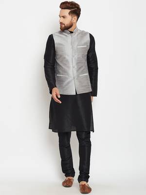 Black Plain Dupion Silk Kurta Pajama 1