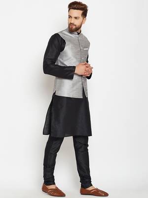 Black Plain Dupion Silk Kurta Pajama 2