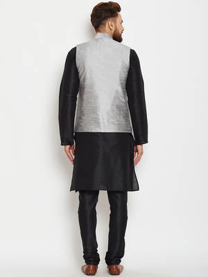 Black Plain Dupion Silk Kurta Pajama 3
