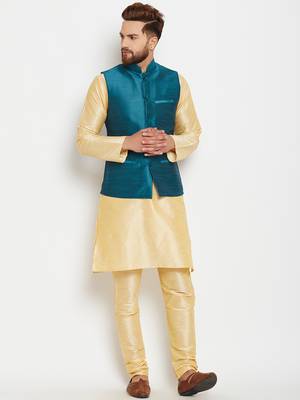 Gold Plain Dupion Silk Kurta Pajama 1