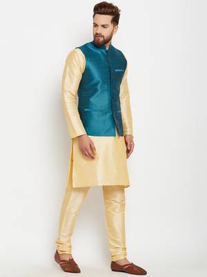 Gold Plain Dupion Silk Kurta Pajama 2