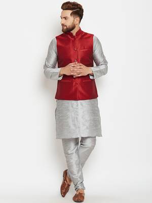 Grey Plain Dupion Silk Kurta Pajama 1