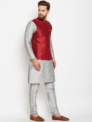 Grey Plain Dupion Silk Kurta Pajama 2