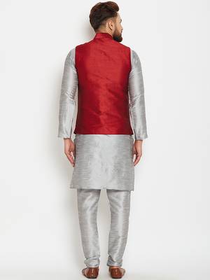 Grey Plain Dupion Silk Kurta Pajama 3