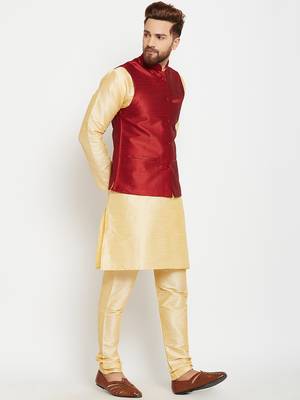 Gold Plain Dupion Silk Kurta Pajama 2