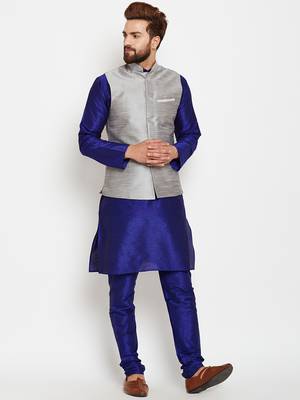 Blue Plain Dupion Silk Kurta Pajama 1
