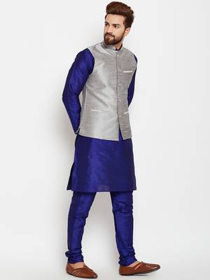 Blue Plain Dupion Silk Kurta Pajama 2