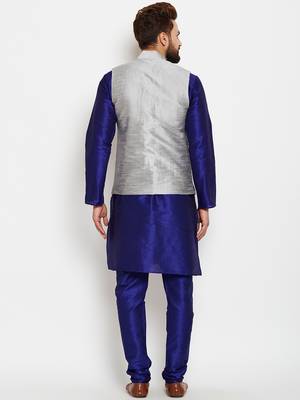 Blue Plain Dupion Silk Kurta Pajama 3