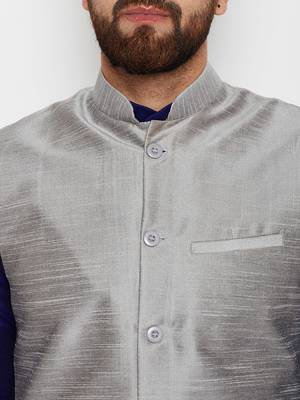 Blue Plain Dupion Silk Kurta Pajama 4