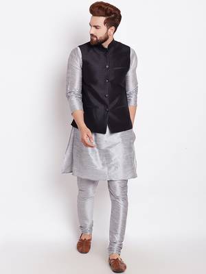 Grey Plain Dupion Silk Kurta Pajama 1
