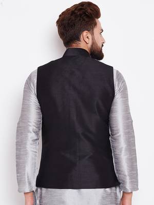 Grey Plain Dupion Silk Kurta Pajama 3