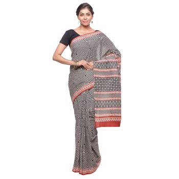 Black printed cotton saree with blouse 1