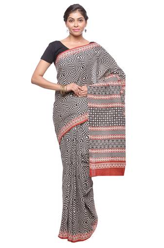 Black printed cotton saree with blouse