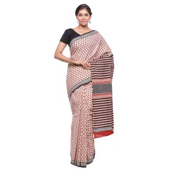 Beige printed cotton saree with blouse 1