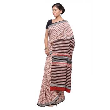 Beige printed cotton saree with blouse 3