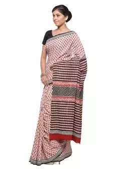 Beige printed cotton saree with blouse