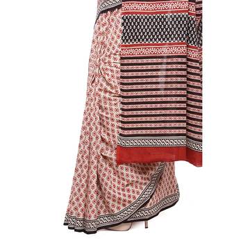 Beige printed cotton saree with blouse 4