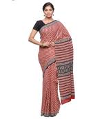 Red printed cotton saree with blouse