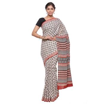 Beige printed cotton saree with blouse 1
