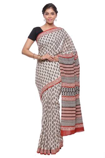 Beige printed cotton saree with blouse