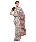 Beige printed cotton saree with blouse