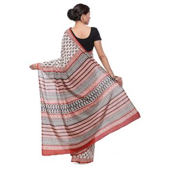 Beige printed cotton saree with blouse 2