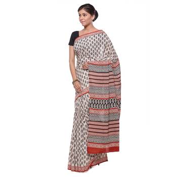 Beige printed cotton saree with blouse 3