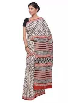 Beige printed cotton saree with blouse