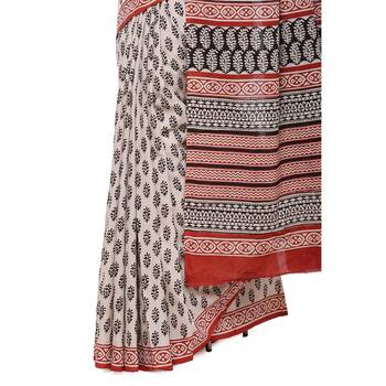 Beige printed cotton saree with blouse 4