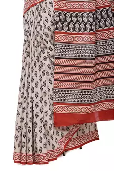 Beige printed cotton saree with blouse