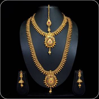 Royal Copper Ruby Green Premium Gold Plated Short Long Combo Necklace Set 1