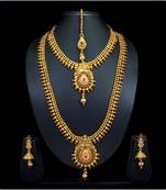 Royal Copper Ruby Green Premium Gold Plated Short Long Combo Necklace Set