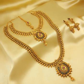 Royal Copper Ruby Green Premium Gold Plated Short Long Combo Necklace Set 2