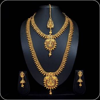 Royal Copper Ruby Green Premium Gold Plated Short Long Combo Necklace Set 1