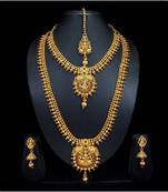 Royal Copper Ruby Green Premium Gold Plated Short Long Combo Necklace Set