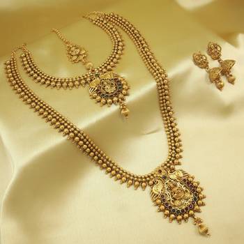 Royal Copper Ruby Green Premium Gold Plated Short Long Combo Necklace Set 2