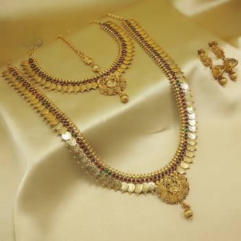 Traditional Copper Kempu Green Temple Jewelry Laxmi Coins Combo Necklace Set 1