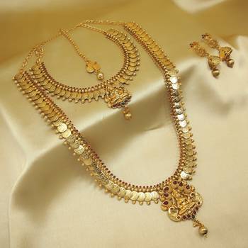 Traditional Copper Kempu Green Temple Jewelry Laxmi Coins Combo Necklace Set 1