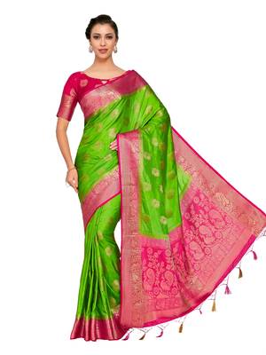 Green Woven Art Silk Saree With Blouse 3